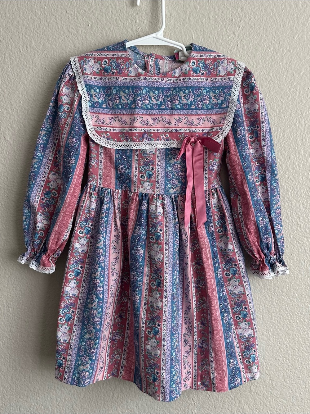 Girls' Floral Stripe Sailor-Collar Dress in Pink & Blue